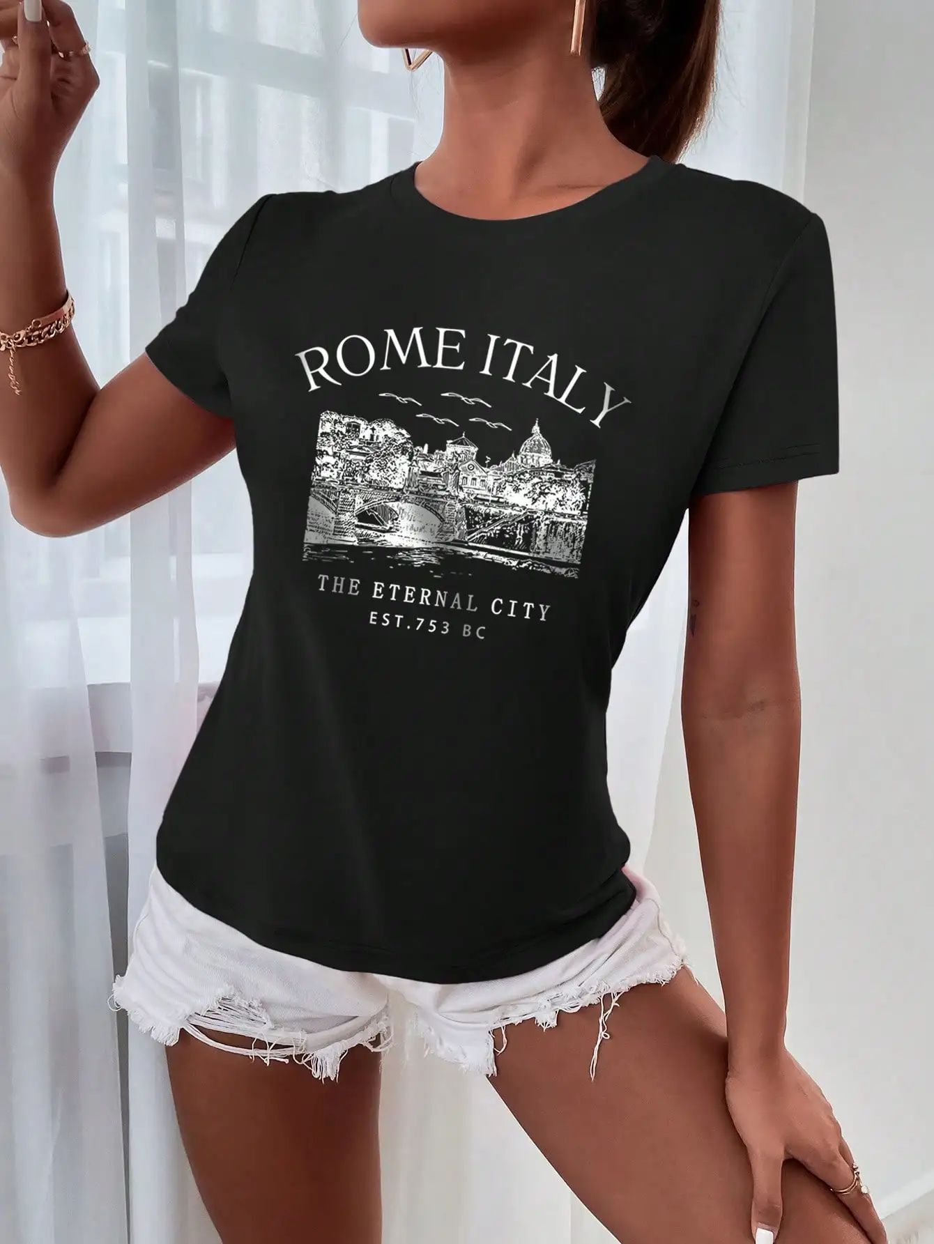 

Rome Italy Letter Print T-shirt, Short Sleeve Crew Neck Casual Top for Summer & Spring, Women's Clothing Graphic T Shirts