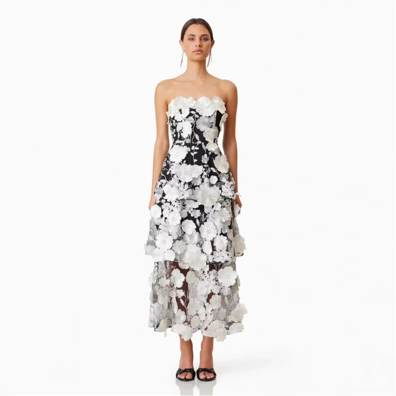 

Tube Top Dress 2025 Spring Banquet off-Neck Sleeveless Three-Dimensional Flower Cake Dress Long Dress Women