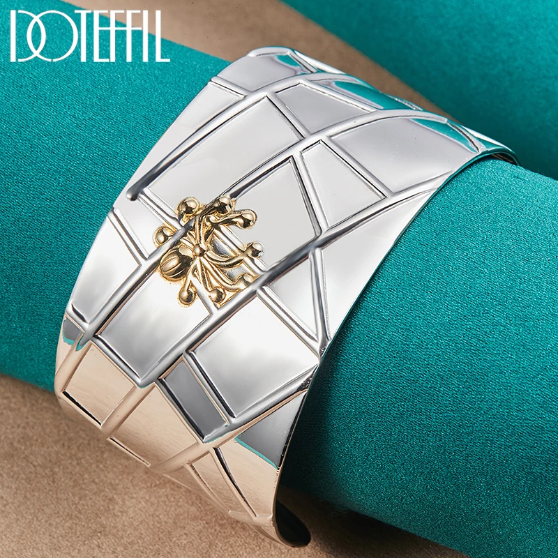 DOTEFFIL 925 Sterling Silver Gold Spider 40mm Bangle Bracelet For Man Woman Wedding Engagement Fashion Charm Party Jewelry