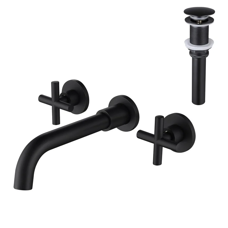 

Wall Mounted Dual Handle Bathroom Faucet with Pop-Up Drain No Overflow