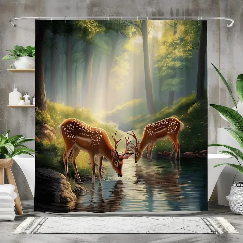 

Deer Drinking Water Shower Curtain Waterproof Fabric Bath Curtain Woodland Forest Bathroom Decor Rustic Nature-Inspired Design