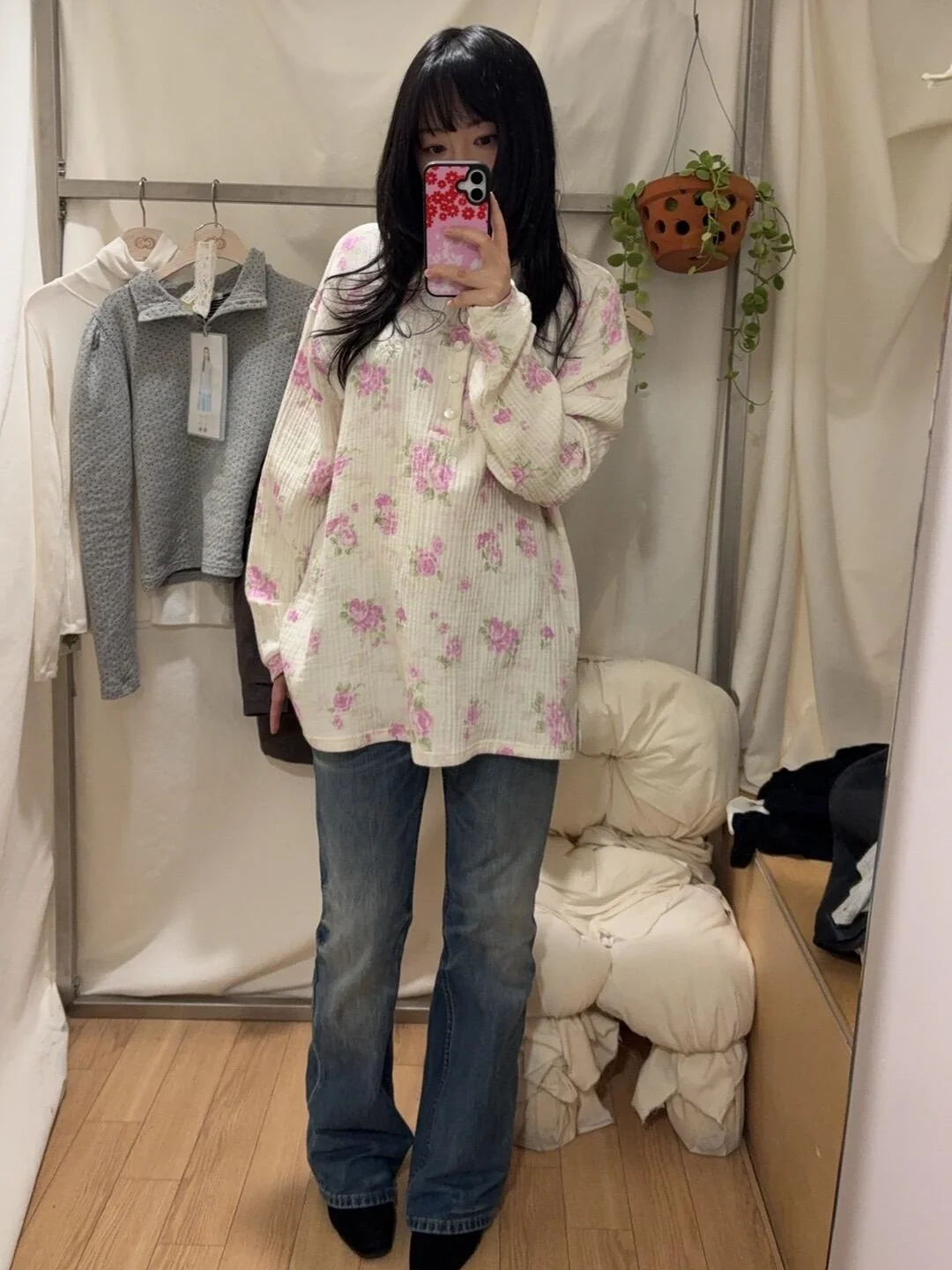 Rose Print Long Sleeve Turn-down Collar Lazy Style Women's T-shirt Cotton Sweet Style Loose Fit Spring New Arrival
