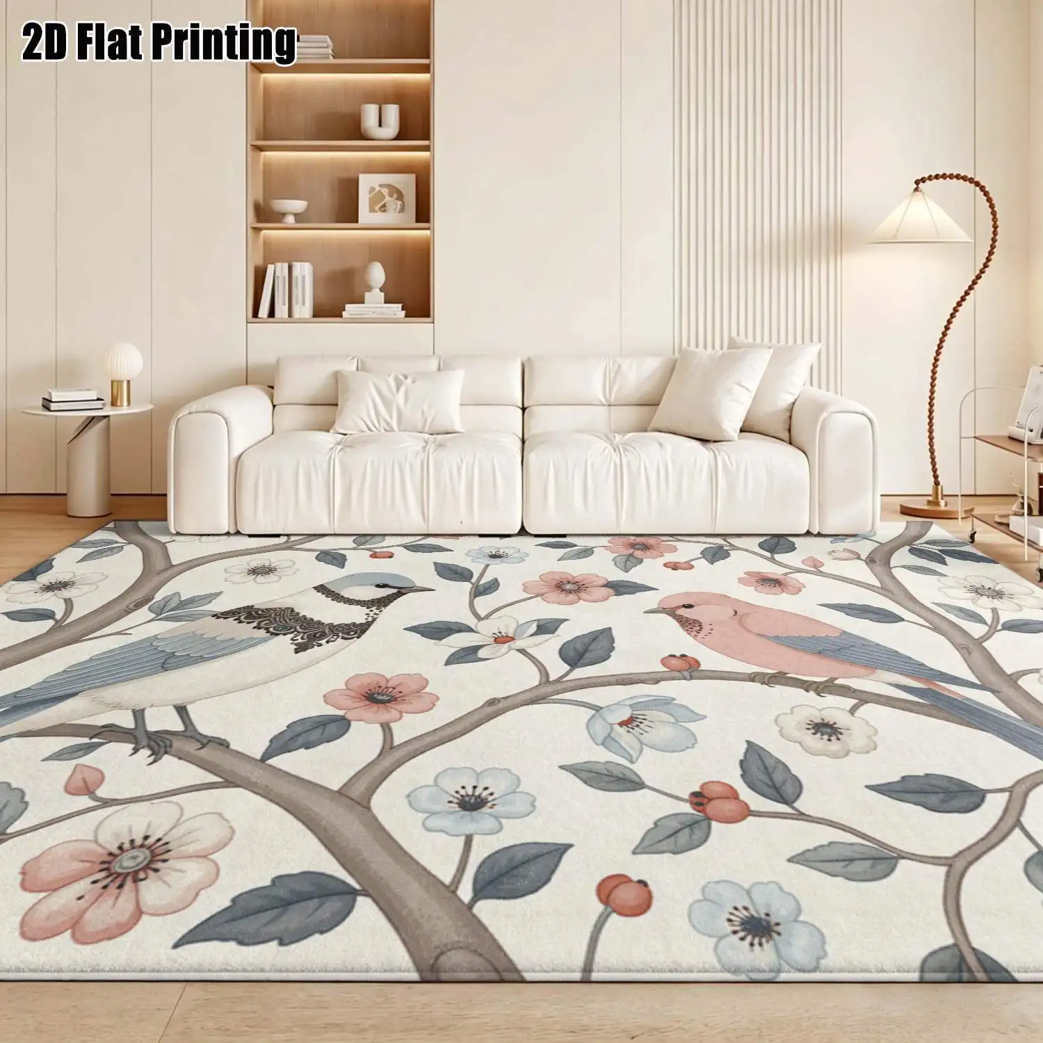 1Pc 2D Printed Carpet: Pink White Blue Floral Bird Motif, Nordic/Instagram Vintage Home Decor, Multi-Size Machine Washable Floor Mat for Entrance, Dining, Foyer, Study, Living Room, Bedroom