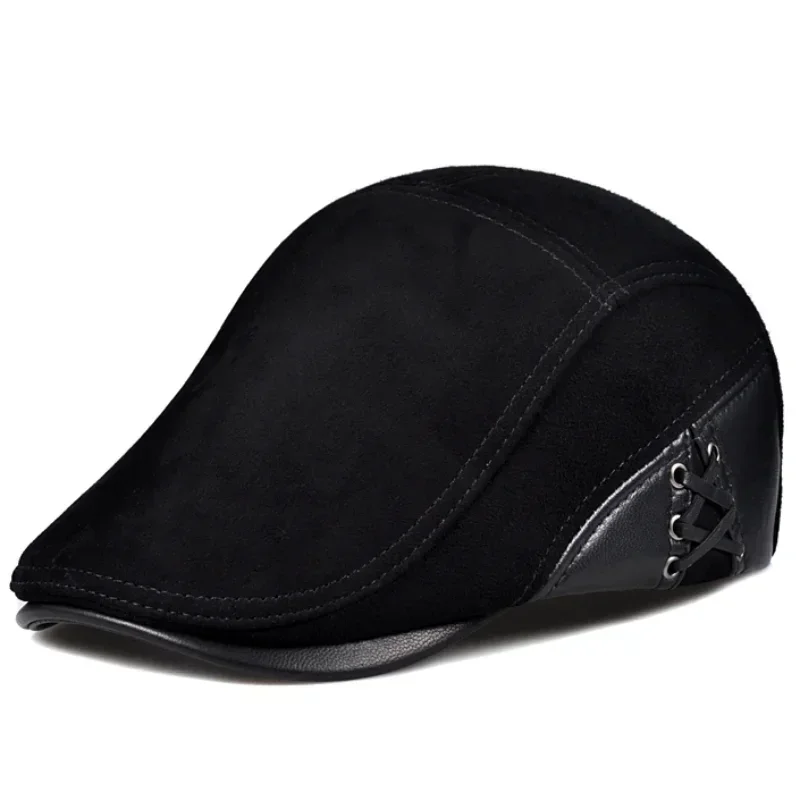 

New Fashion European Style Genuine Leather Caps Beret Man Casual Sheepskin Suede Black/Brown Fitted Duckbill Hats Male