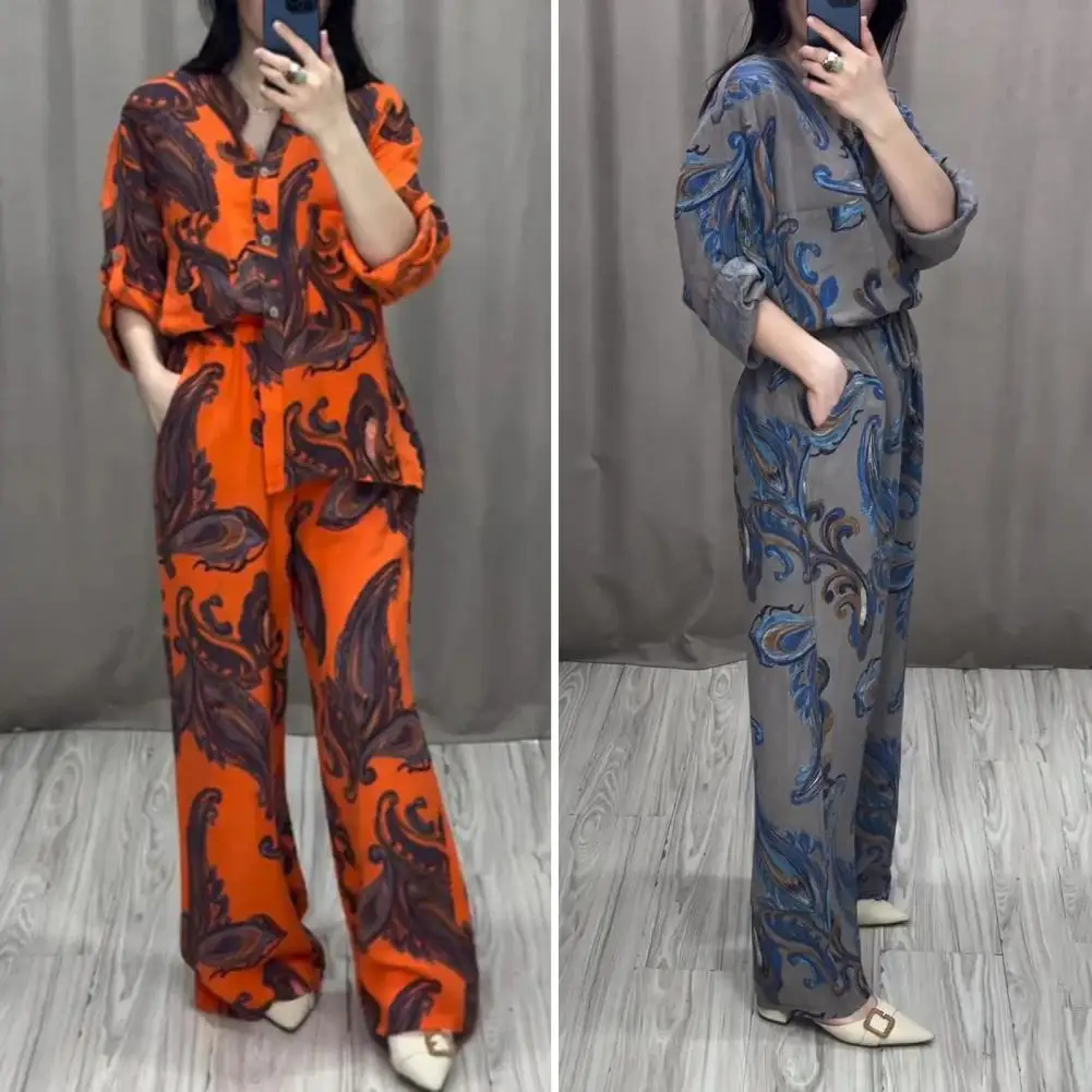 

Women Retro Print Shirt Pants Set Stylish Women's Shirt Pants Set with Printed Top Wide Leg Pants for Daily Outfit for A