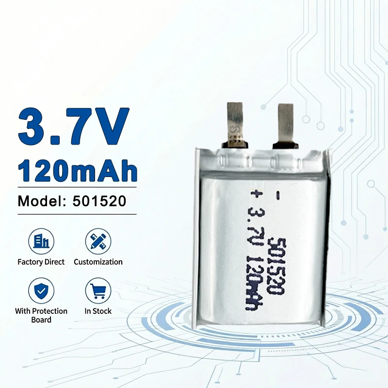 501520 3.7V 120mAh Rechargeable Lipo Cell for Bluetooth Modules, Small Sensors and Portable Electronics 501525 502020 502030