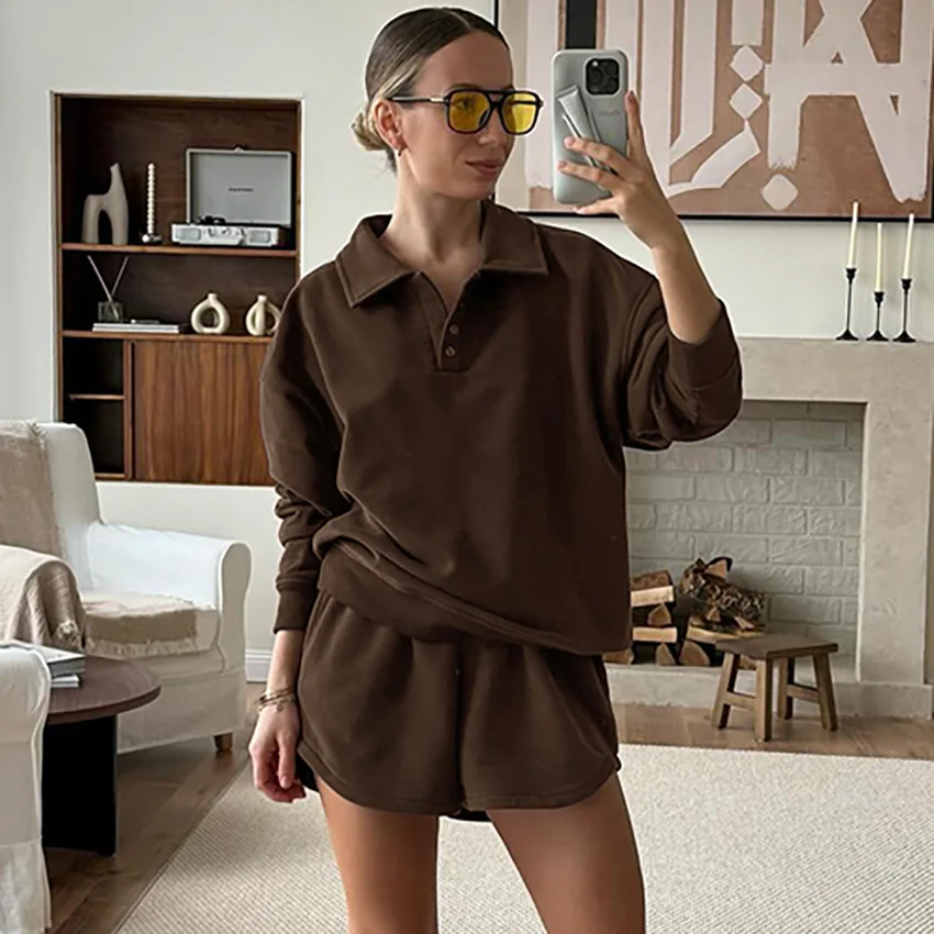 versatile solid color neutral style fashion casual suit autumn new cross-border high-waisted long-sleeved shorts women