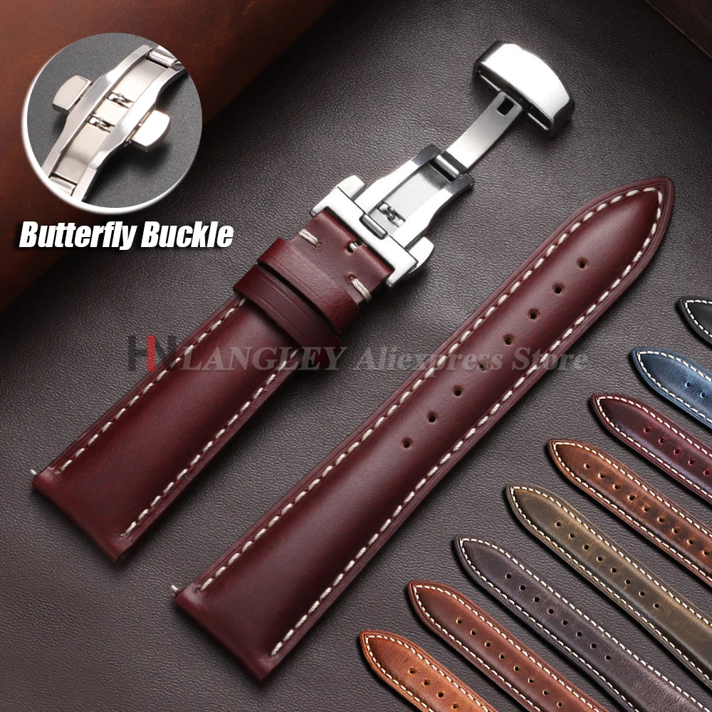 18/19/20/21/22mm für Omega Vintage Öl-Wachs-Leder Uhrenarmband mit Schmetterlingsverschluss aus Rindsleder Ersatz-Uhrenarmband Zubehör