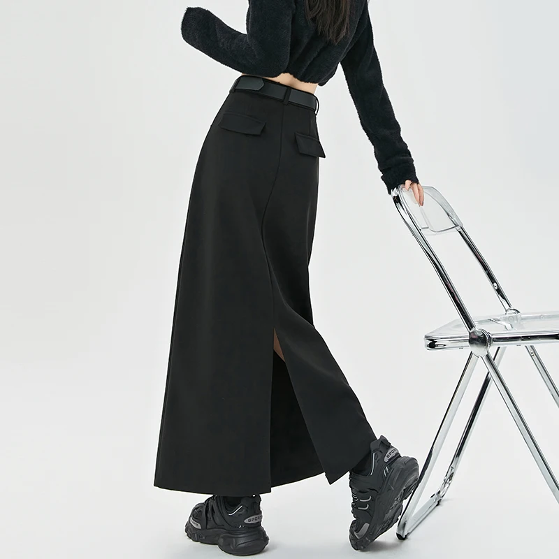 

Женская юбка в корейском стиле, однотонная шерстяная юбка-труба с высокой талией и разрезом сзади, офисная осенне-зимняя юбка средней длины