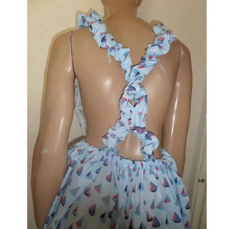 Adults ABDL Cute Blue Multi Boat Pattern Dungarees Elasticated Waist Bib Top Crossover Straps Jumpsuits Loose Comfortable Onesie