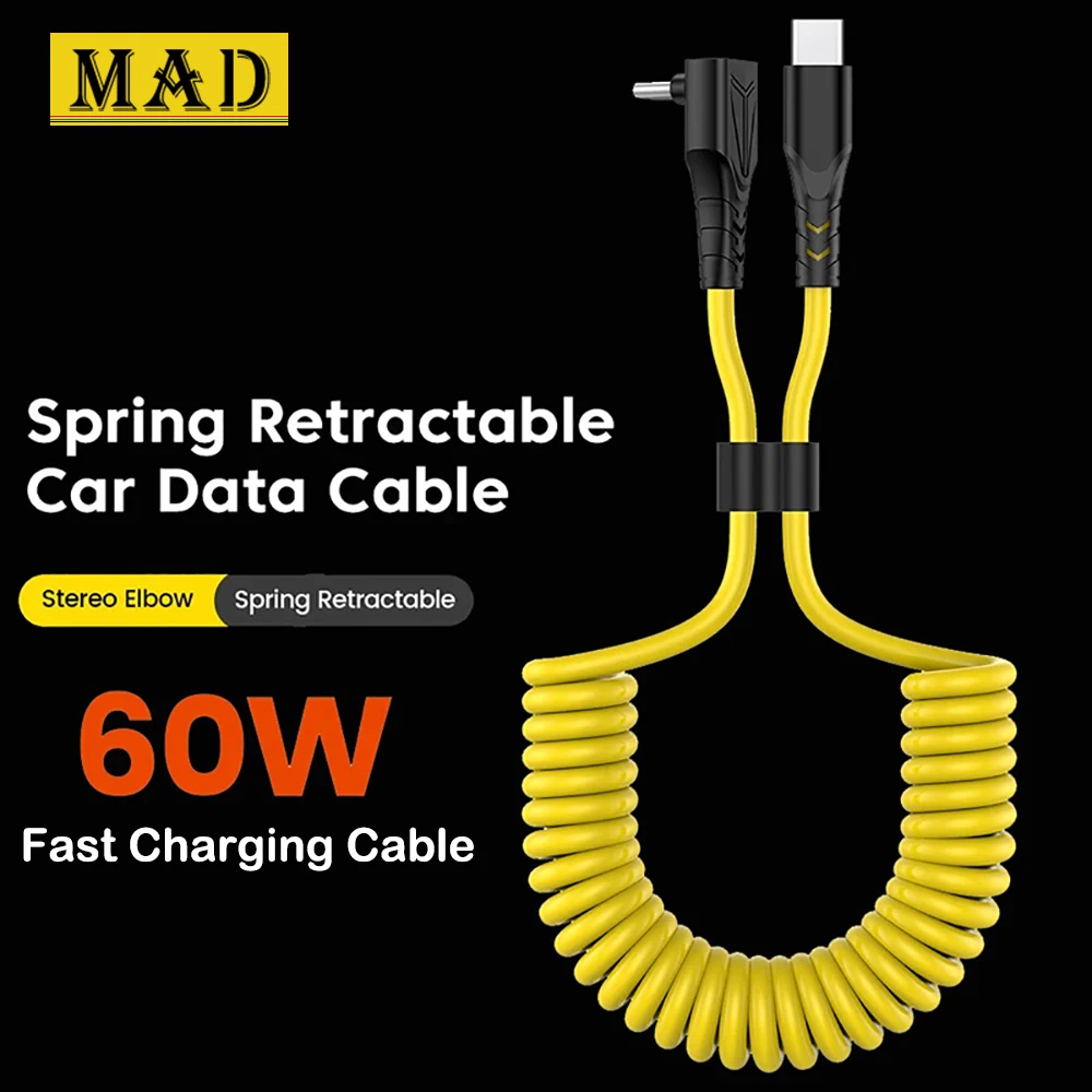 60W Elbow Cable Type-C To Type-C Spring Fast Charging Data Cable 480 Mbps Compatible With Samsung Apple 15 16 Huawei Car Tesla