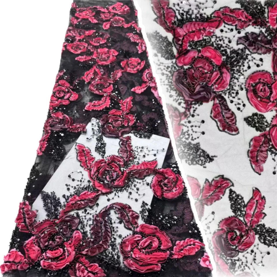 

Pink Latest African 3D Lace Fabric with Sequins Beaded Tulle Lace Fabric Embroidered Nigerian for Sewing Dress 5 Yards TP1334