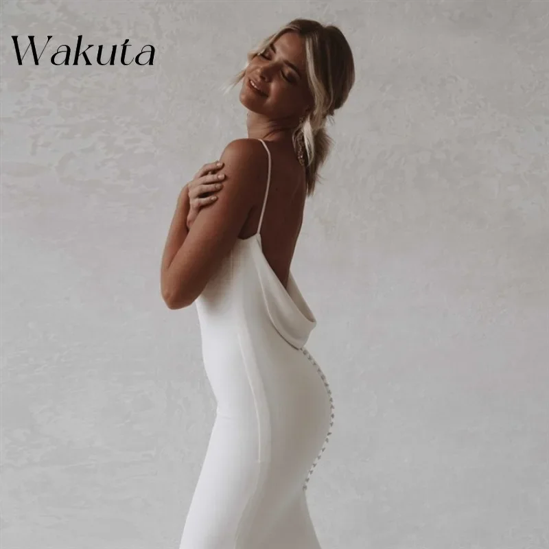 Wakuta Sexy V Neck Halter Sleeveless Satin Bridal Dresses Backless Mermaid Bone Back Trailing Beach Wedding Vestidos De Madrina