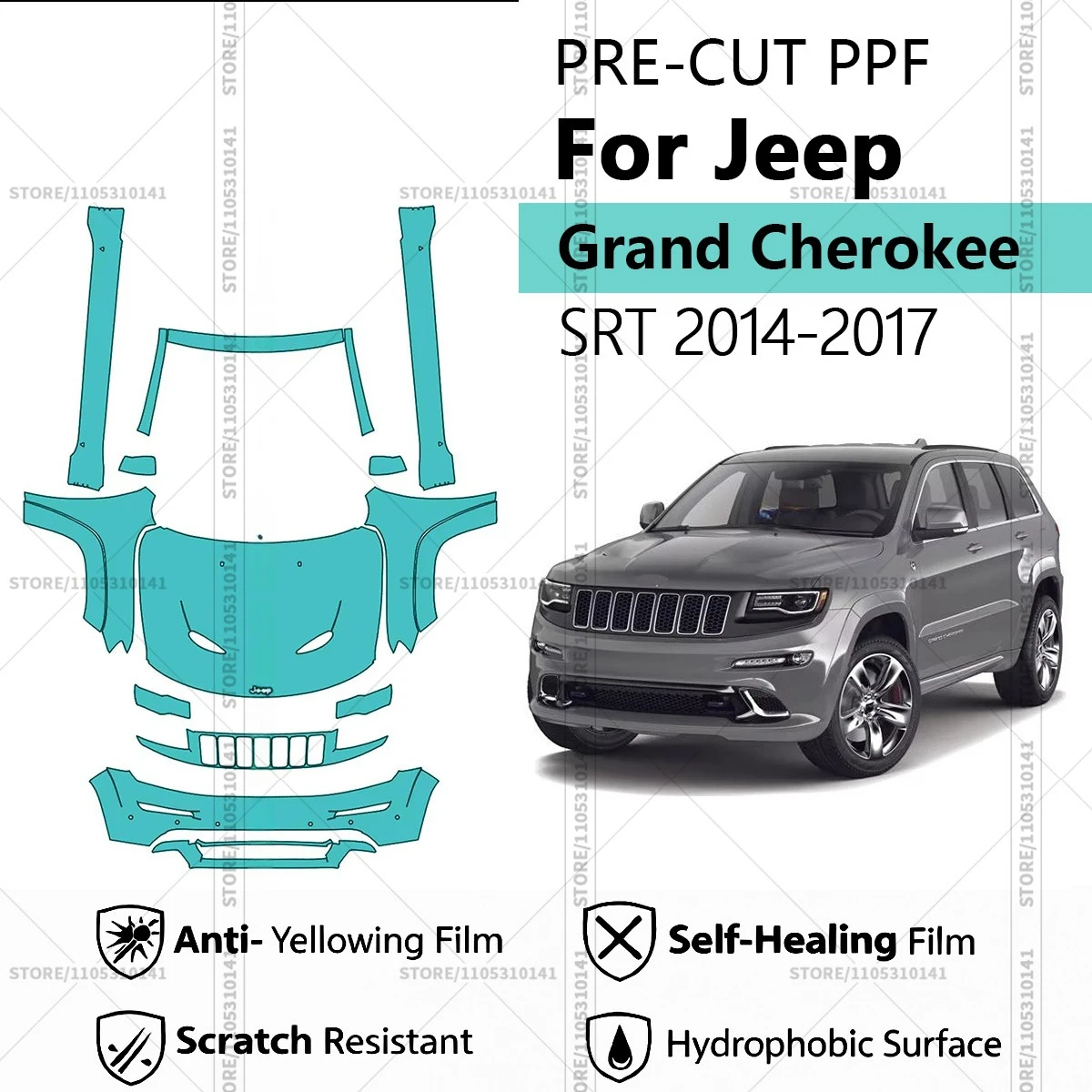 

Предварительно нарезанная прозрачная защитная пленка PPF для автомобиля Jeep Grand Cherokee SRT 2014-2017, комплект для передней части - пороги