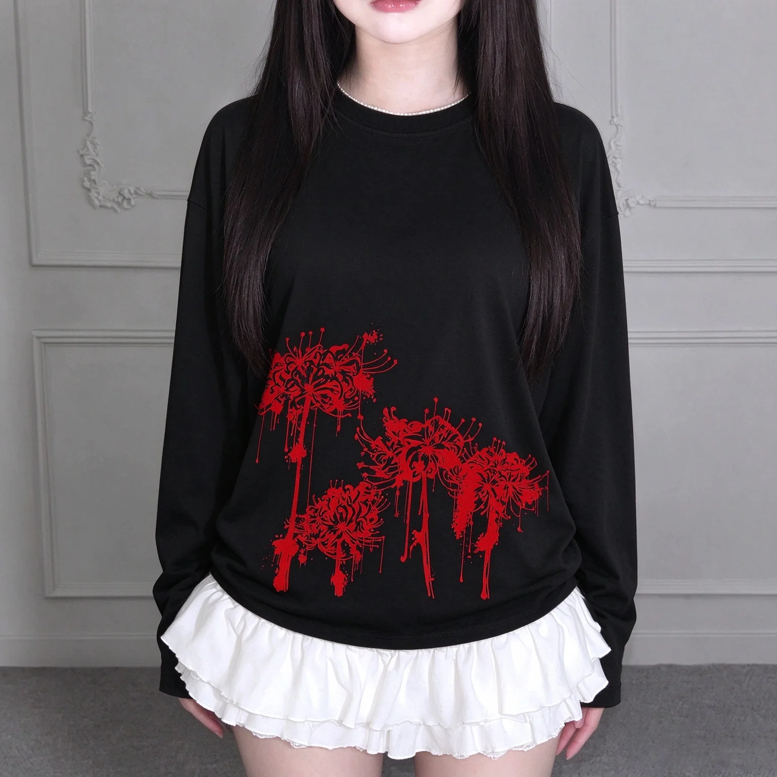 Red Spider Lily Higanbana Blood Drip Long Sleeve T-shirt Unisex Gothic Streetwear Japanese Flower Graphic Casual Top Men Women