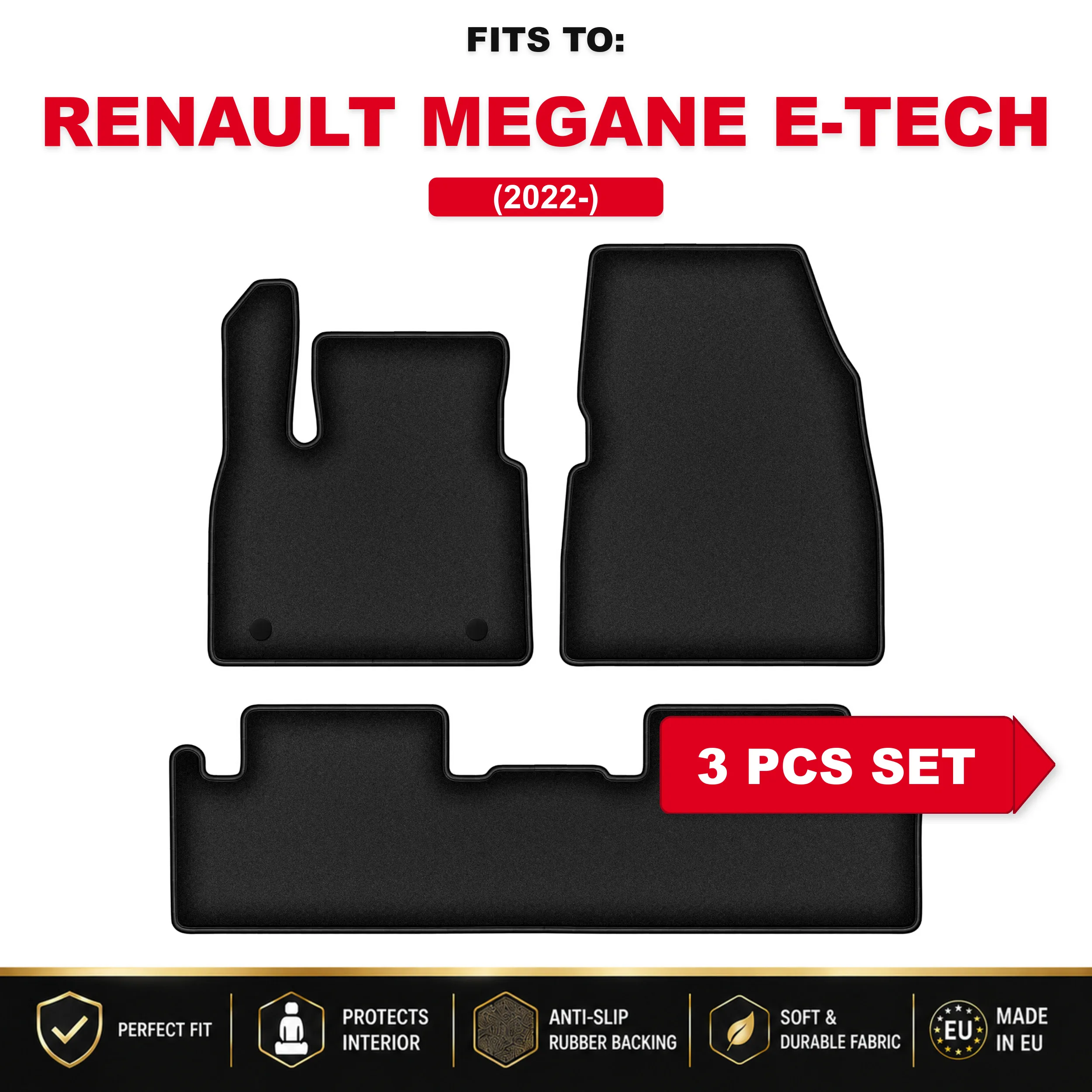 Zwarte velours vloermatten, 3 stuks Voor: Renault Megane E-Tech 2022- crossover auto bijpassende automattenset