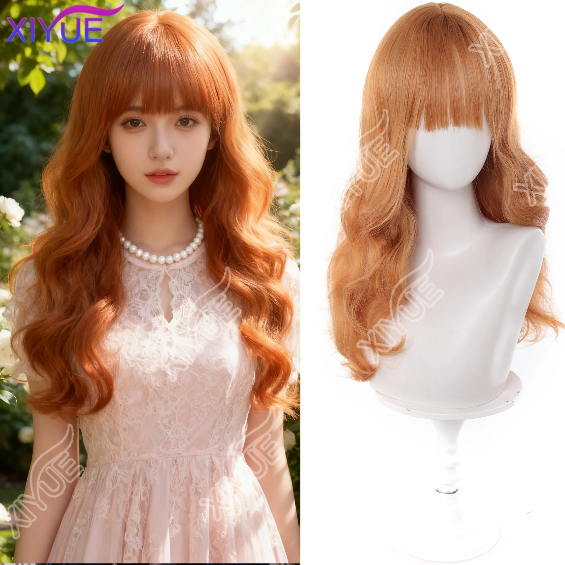 XY pelucas sintéticas populares de pelo largo y ondulado marrón ceniza, pelucas de Lolita con flequillo, peluca sintética para mujer, pelucas rizadas gruesas a la moda para niña