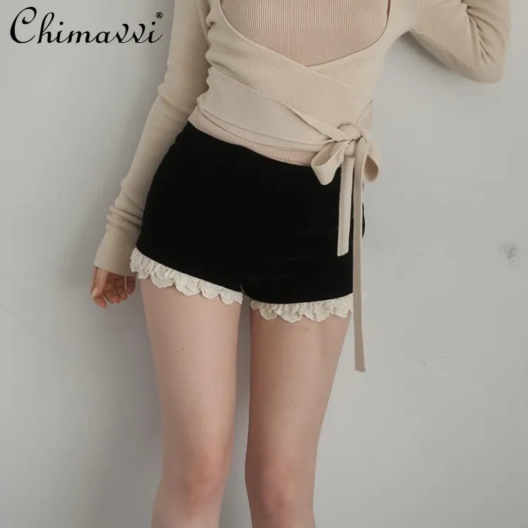 

Японские милые двухслойные бархатные мини-шорты с кружевной отделкой, модные шорты для весны и лета, новые, в стиле Pure Desire, для милых девушек