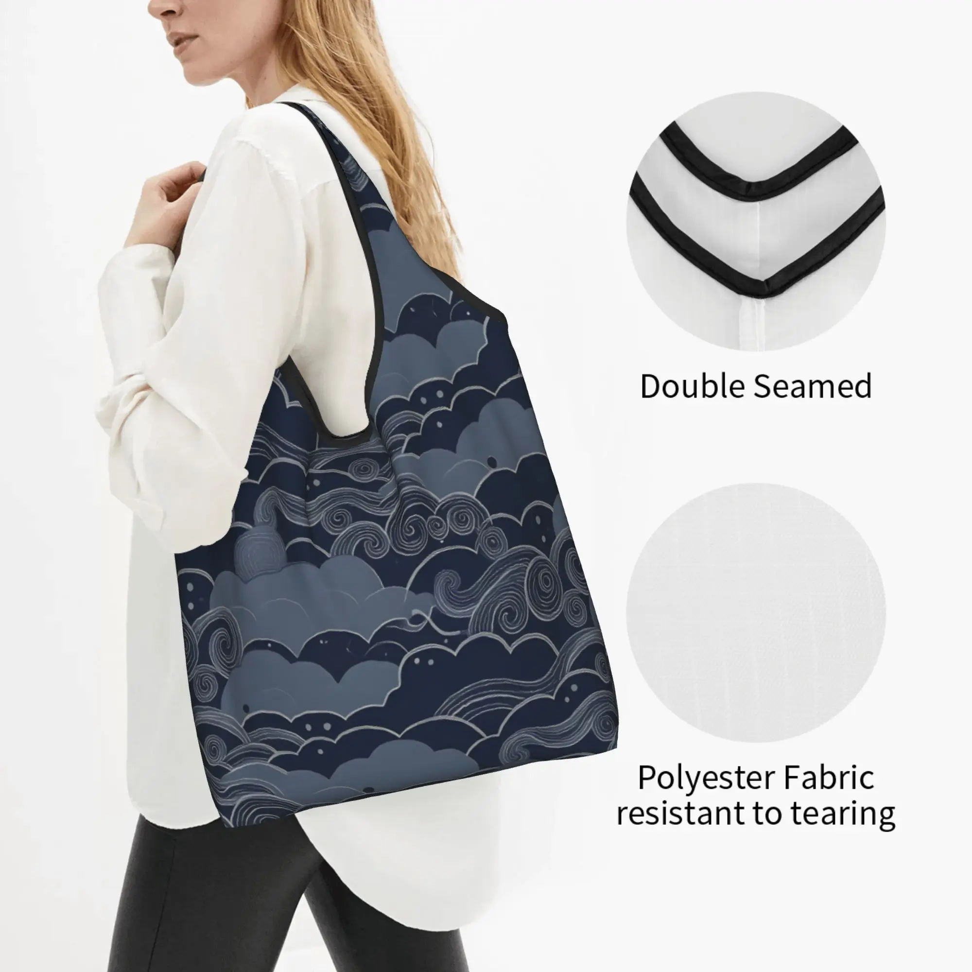 Recycling U-Ukiyoe Cozy Night Sky S-Seigaiha Shopping Bag Women Tote Bag Portable  Jasper Green  Groceries Shopper Bags