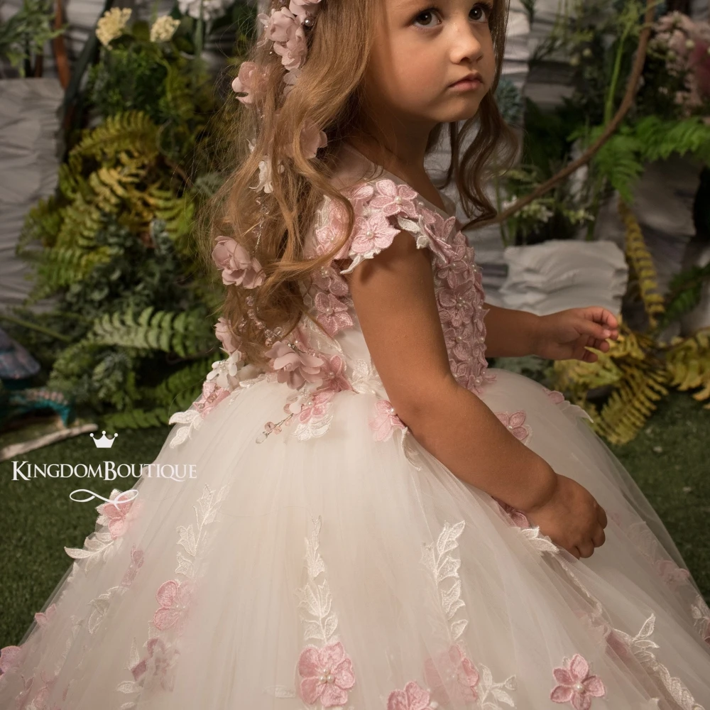 Lorencia-vestido de niña de flores rosa para boda, vestido de baile Formal con apliques de encaje Floral 3D, primera comunión, vestido de desfile YFD016