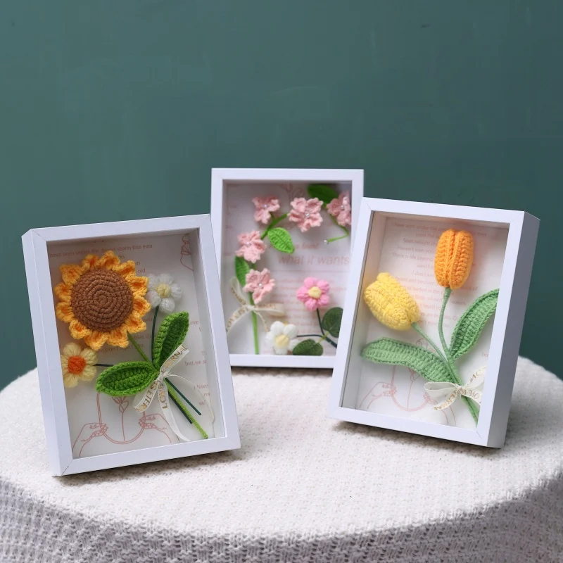 Rose Sunflowers Plush Plants Crochet Finished Knitted Creative Photo Frame Valentine Mothers' Day Birthday Graduation Gift