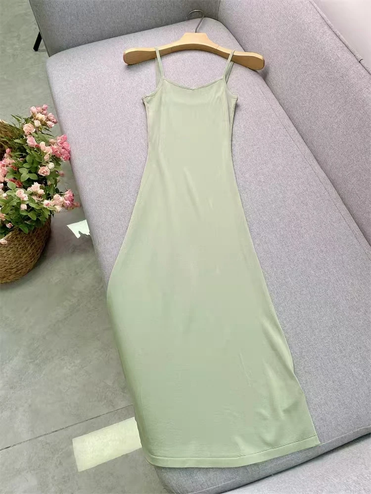 

High Quality Summer New Fashion Temperament Commuting Pearl Buckle Bright Silk Women's Knitted Slim Fit Suspender Long Dress