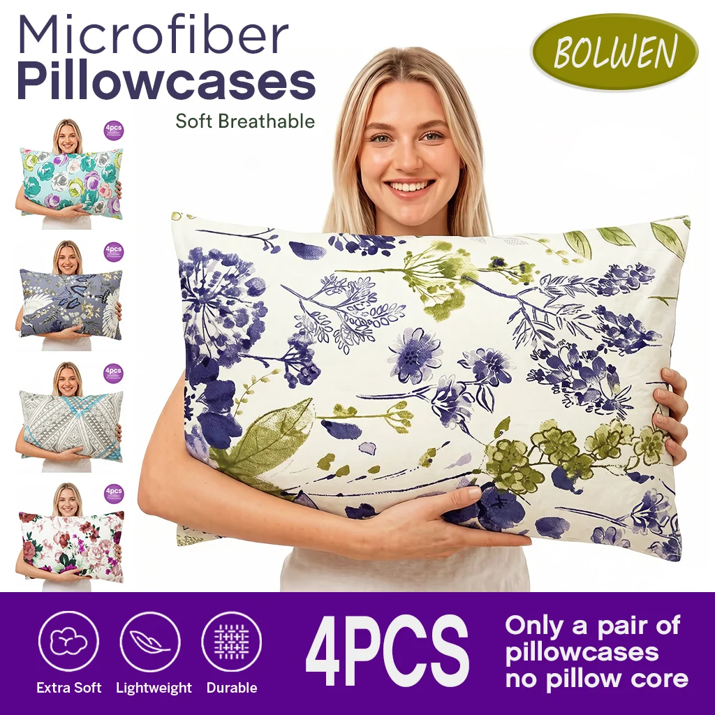 4pcs Full Polyester Brushed Fabric Pillowcases 51x66cm 50x75cm Soft Breathable for All Ages Bedroom Use Printed Design
