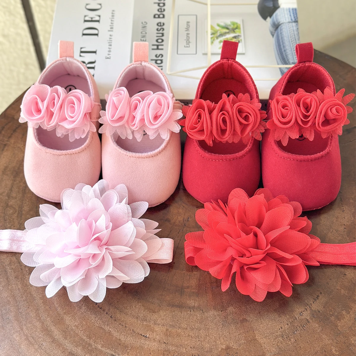 2pcs Baby Girls Flat Shoes With Flower Decor Princess Crib Shoes First Walker Shoes & Headband For Newborn Infant