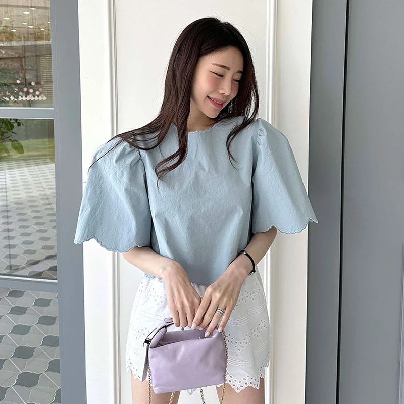 

Sweet Youthful Embroidered Ruffle Hem irt Women Summer New Sle Vaion Loose Fit Casual ort Sve Top Korean Version