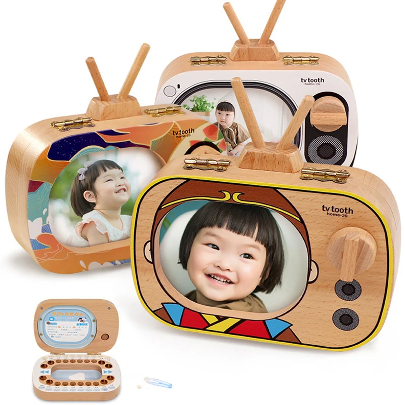 Baby Tooth Box English/Japanese Beech Wood TV Box Baby Wood Tooth Box Organizer Milk Teeth Storage Collect Box Toothbox Cute