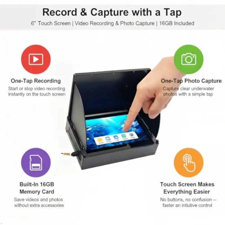 Underwater Fishing Camera for ice fishing, lake, boat use; PVC material; black color; 6 touch screen, DVR with 16GB card, 30M c