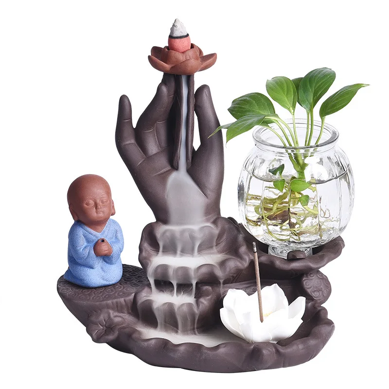 Zen Monk Home Ornaments Buddha Hand Ceramic Handicrafts Backflow Incense Stick Holder Purple Clay Censer