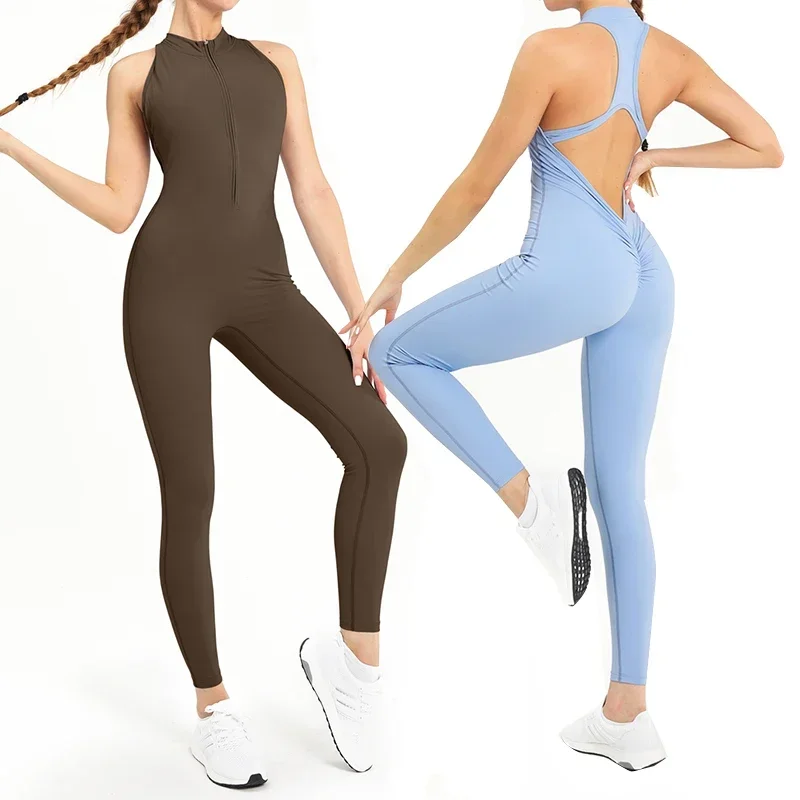 

Sexy Hollow Backless Scrunch Sporty Jumpsuit Raises Butt Woman Gym Set One Piece Sport Suit Sleeveless Zip Yoga Fitness Overalls