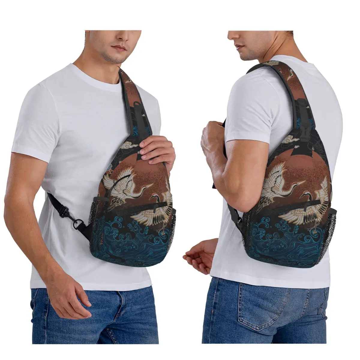 

Японская художественная татуировка, японская нагрудная сумка с деревянным принтом, мужской рюкзак через плечо на слинге, нагрудная сумка, дорожный походный рюкзак, сумка на плечо