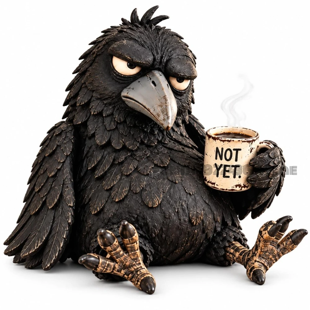 Grumpy Coffee Raven Figurine, Resin Crow Desk Decor, Coffee Lover Gift Resin grumpy raven holding a “NOT YET.” coffee mug