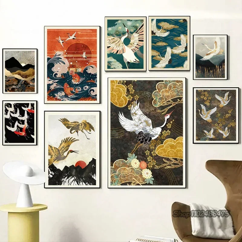 Golden Flying Crane Canvas Print  Retro Chinese Abstract Bird Wall Art for Living Room Decor