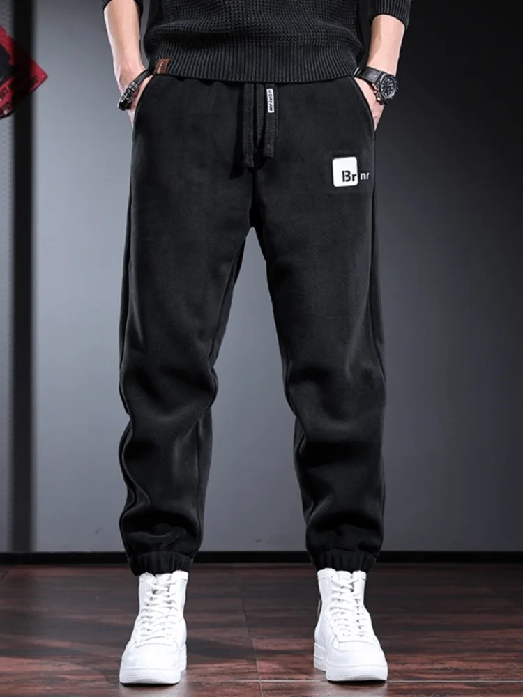 Winter Black Warm Pants Men Fashion Letter Print Baggy Double Sided Fleece Elastic Waist Drawstring Trousers