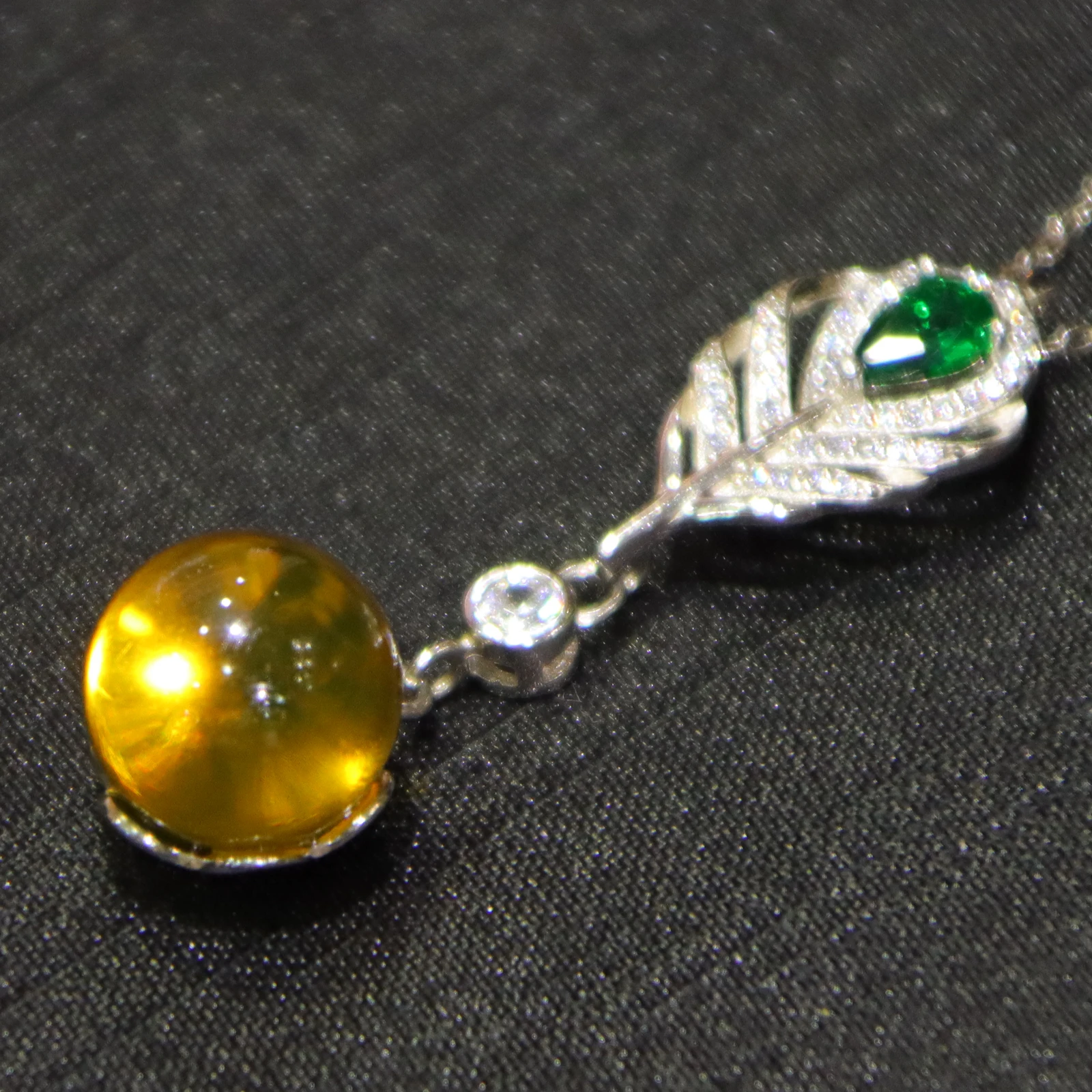 Pure Silver Feather Clasp with Natural Mexican Blue Amber Pendant 11mm Amber Bead Includes a Sterling Silver Necklace