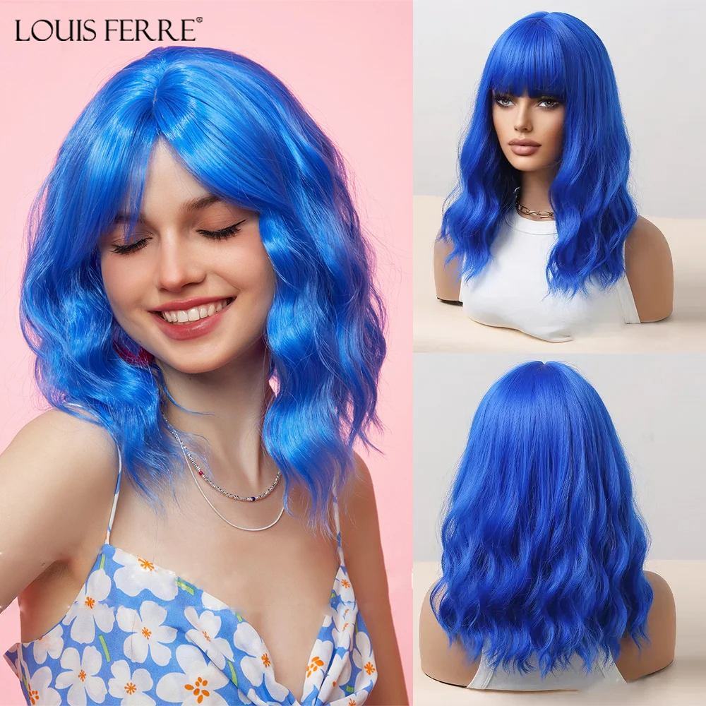 

LOUIS FERRE Blue Short Bob Wigs with Bangs for Women Blue Cosplay Colorful Wigs Shoulder Length Curled Wigs Heat Resistant Fiber