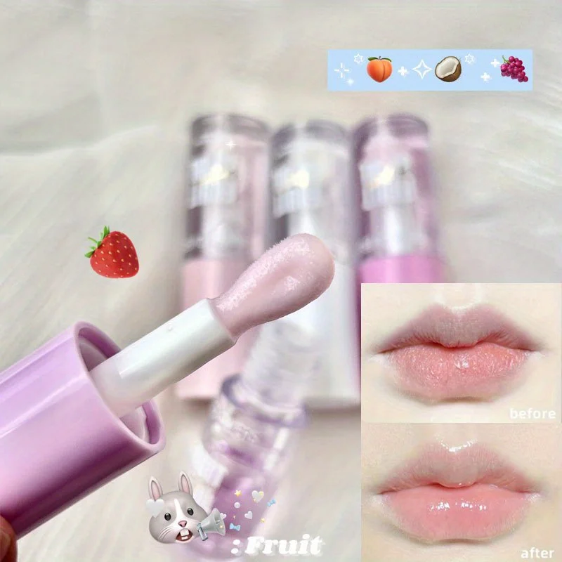 Fruit-Flavored Clear Lip Oil Moisturizing Jelly Gloss Lip Color Dewy Glass-Look Lips Peach Grape Flavors Lip Moisturizer Gift