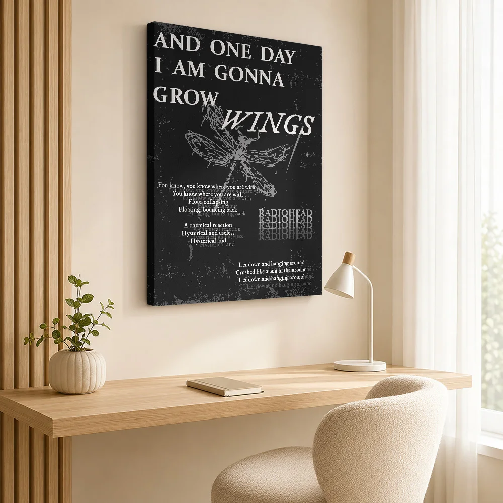 Radiohead Lyrics And Wings Graphic Canvas Painting Poster Bold Style Wall Art With Personalized Photo For Bedroom Ideal Fan Gift