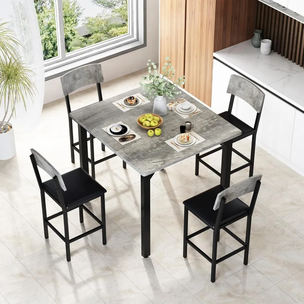 5-Piece Dining Table Set, Dining Table Set for 4, Counter Height Table & 4 Bar Stools, Modern Kitchen Dining Set, with Upholste