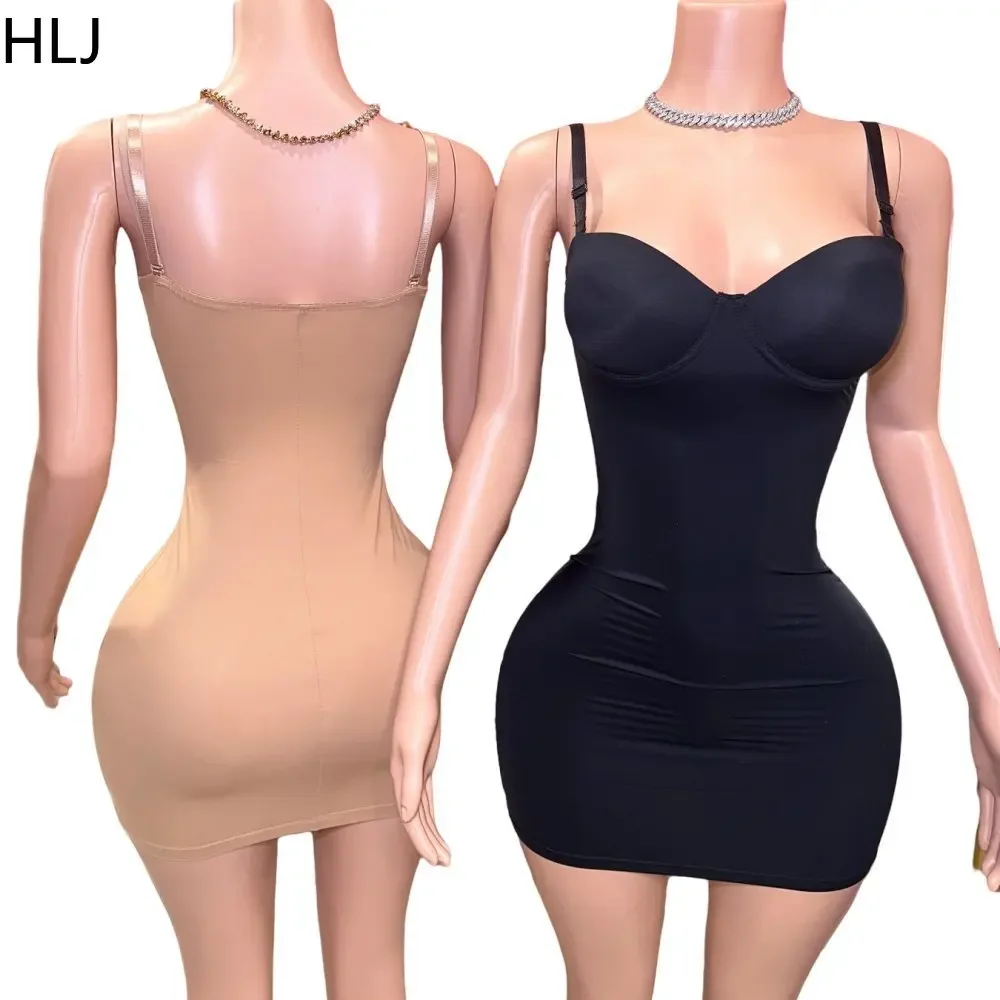 HLJ Women High Quality Stretchy Bodycon Spaghetti Strap Mini Dresses Women Slim Solid Color Vestidos Sexy Female Clothing 2025