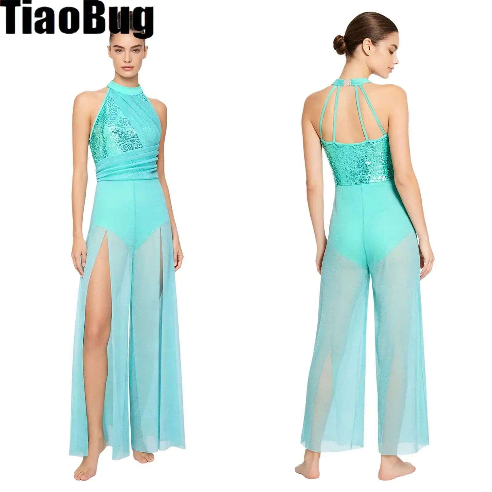 

Women Lyric Modern Dance Bodysuit Halter Mock Neck Sleeveless Sequin Top Bodice Back Mesh Split Wide-leg One-piece