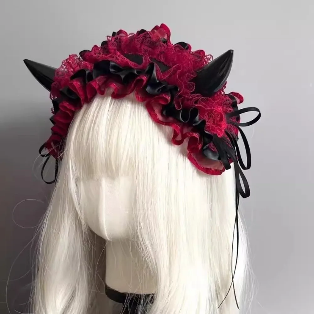 Lace-up Ruffle Devil's Corner Hair Band Bow Punk Little Devil Headband Tulle Cosplay Gothic Headwear Halloween Party