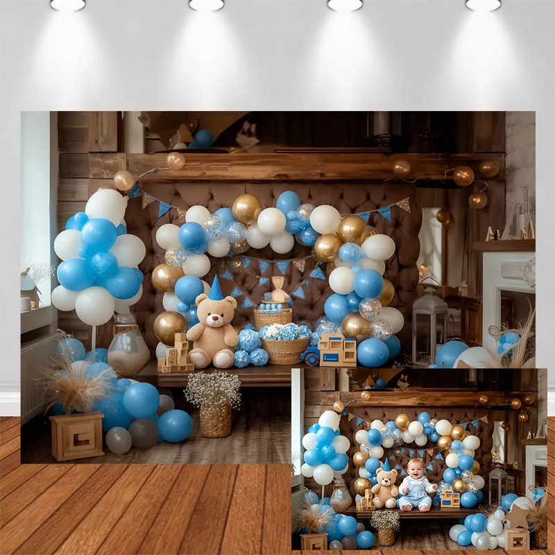 

LS Photography Background Blue Balloon Bear Wooden Crate Decor Birthday Baby Shower Cake Smash Kids Portrait Photo Backdrop