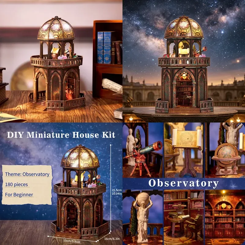 DIY 3D Wooden Puzzle Book Nook Kit Observatory Bookshelf Insert Dollhouse Model Bookend Home Decoration Building Gifts for
