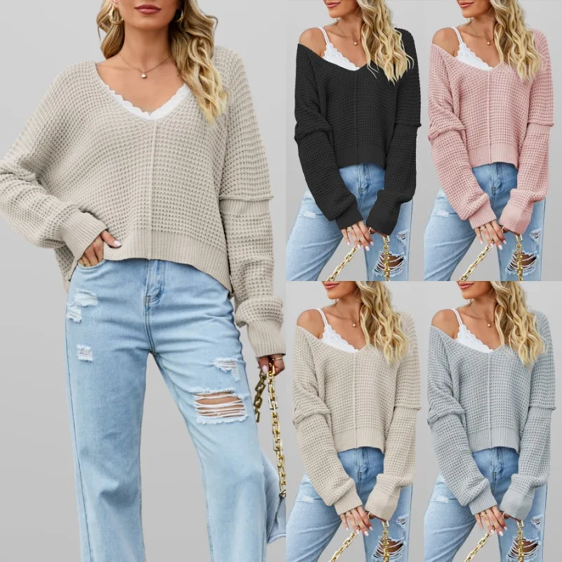 

2024 New Autumn and Winter Women's V-Neck Solid Color Loose Knit Sweater Elegant Ladies Solid Casual Pullover Female Street Wear