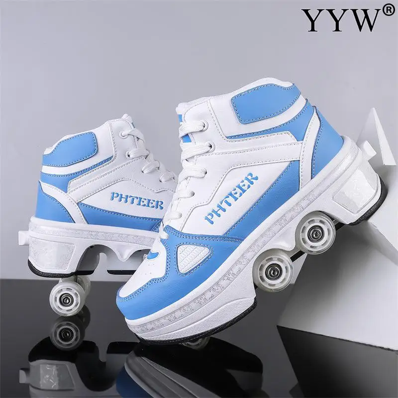 Pu Leather Adult Sport Roller Skate Shoes Casual Deformation Parkour Sneakers Skates With 4-Wheel For Rounds Children Of Running