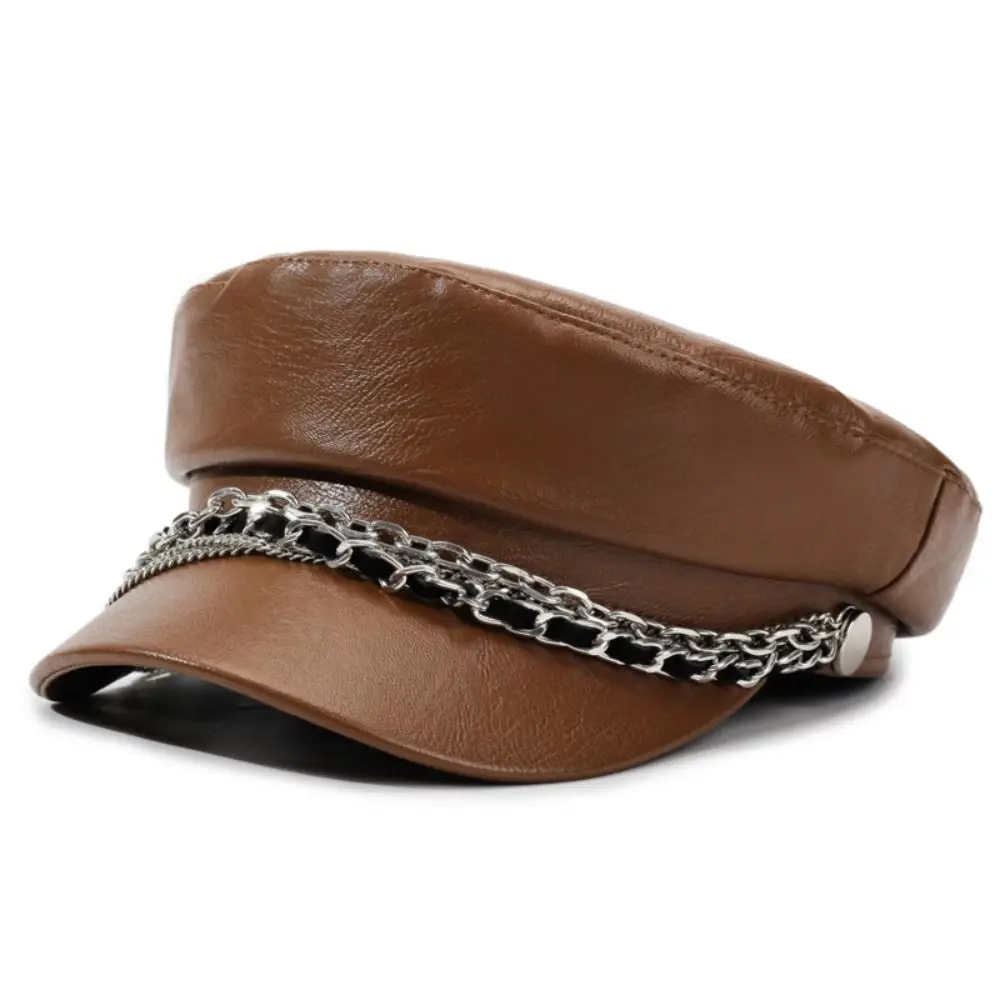 Retro PU Leather Newsboy Cap Adjustable Short Brim Peaked Hat Casual Silver Chain Decor Octagonal Beret Cap Autumn Winter